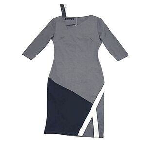 Homeyee Colorblock Fitted Asymmetrical Split Hem & Neck Mid Dress Quarter Sleeve